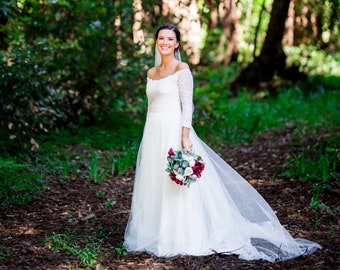 Ivory Off-The-Shoulder Lace & Tulle Train Dress #1162