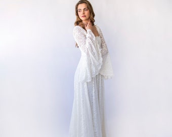 Bohemian Ivory Chic Square Neck & Ethereal Bell Sleeves: Lace Bridal Gown  #1460