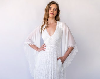 Vintage Angel Sleeves V Neckline, Bohemian Wedding Dress with Pockets  #1467