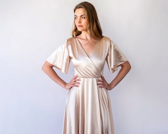 Champagne Satin Wrap Dress: Flutter Sleeve Maxi Evening Gown
