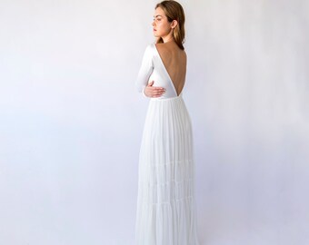 Open Back Ivory Long Sleeves Romantic wedding dress,Boat neckline, Satin Top and Chiffon Mesh Skirt Vintage Style  #1451