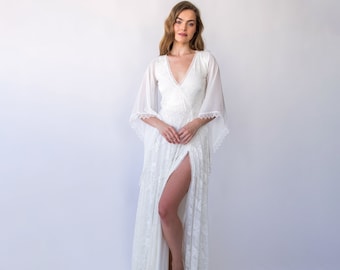 Chiffon Angel Sleeves, Gipsy layered Lace Bohemian Dress, Maxi lace wedding dress with a slit, Vintage Style Bridal Dress #1465
