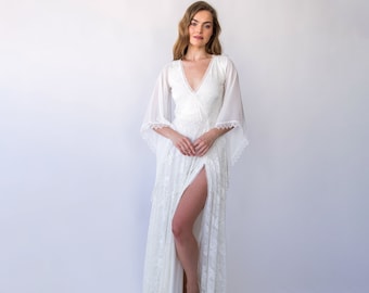 Lace Bohemian Wedding Dress: Chiffon Angel Sleeves, Slit Maxi Bridal Gown