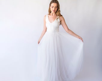 Bridal set, Pearly Tulle skirt, and Sequins sleeveless tank top with V-neckline #1444