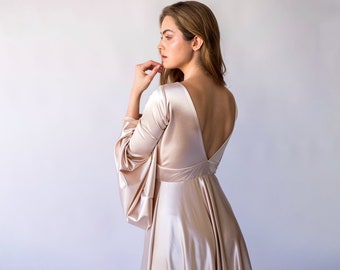 Champagne Silky Satin Deep V Neckline Deep Open Back and Bell Sleeves #1454