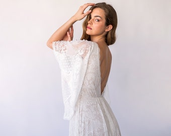 Bestseller Estilo vintage Espalda abierta, Escote en V profundo Mangas de ángel Vestido de novia blanco nacarado bohemio #1468