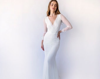 Bestseller Ivory Chiffon Enchantment Mermaid Gown with Ruched Detailing and Long Sleeves#1456