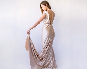 Champagne Short Cape Sleeves Open Back Satin Mermaid Dress with a Train #1455