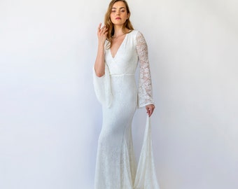 Ivory Bohemian Mermaid Elegance: Wrap Neckline Wedding Dress with Train#1463