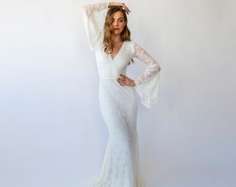 Ivory Bohemian Mermaid Elegance: Wrap Neckline Wedding Dress #1470