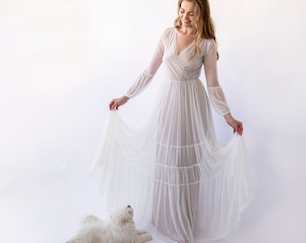 Vintage Pearly Wrap Mesh Chiffon Wedding Dress with Puffy Sleeves | Timeless Elegance and Charm | Bridal Gown #1462