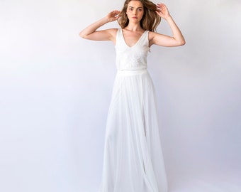 Bridal set, Chiffon skirt with a slit and Sequins sleeveless tank top with V-neckline #1445