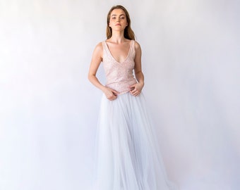 Bridal set, Pearly Tulle skirt, and Blush Pink Sequins sleeveless tank top with V-neckline #1444