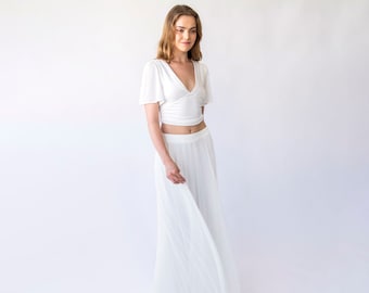 Bridal set with a chiffon skirt with a slit and a romantic crepe knit top with butterfly sleeves, perfect for a beach wedding. #1446