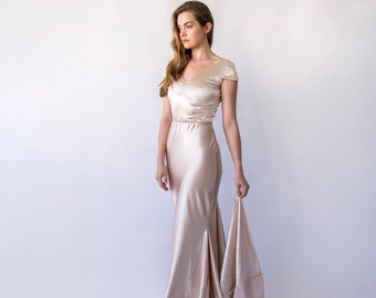 Champagne Short Cape Sleeves Open Back Satin Mermaid Dress with a Train #1455