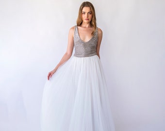 Bridal set, Pearly Tulle skirt, and Silver Sequins sleeveless tank top with V-neckline #1444