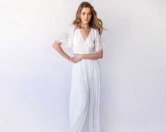 Whispering Lace Fantasy: Delicate Wrap Neckline Wedding Dress Ivory Wrap lace Bohemian wedding Gown #1461