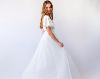 Satin Ivory Flutter Sleeves Romantic Wedding dress , Chiffon mesh Skirt Vintage Style  #1450