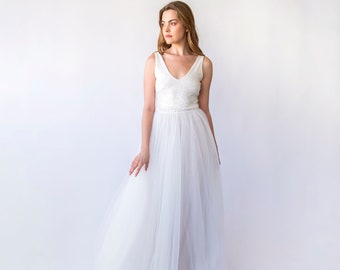 Bridal set, Pearly Tulle skirt, and Sequins sleeveless tank top with V-neckline #1444