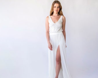 Bridal set, Chiffon skirt with a slit and Sequins sleeveless tank top with V-neckline #1445