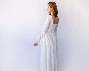 Bestseller Bohemian Ivory Chic Square Neck & Ethereal Bell Sleeves: Lace Bridal Gown  #1460