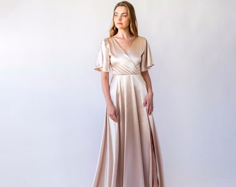 Satin Wrap Neckline Champagne Dress, with Flutter Short lace sleeves, Maxi length Evening Gown #1453