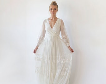 Bestseller Ivory Wrap lace wedding dress with chiffon mesh sleeves #1352