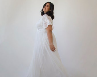 Ivory butterfly sleeves, lace bohemian wedding dress with mesh chiffon #1321