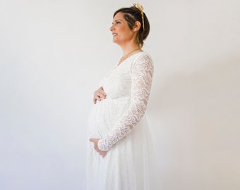 Maternity Ivory Wedding Dress, Sheer Illusion Tulle Skirt on Lace  , Maternity dress for photo shoot #7006