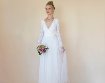 Bestseller Ivory Wedding Dress , Sheer Illusion Tulle Skirt on Lace #1315