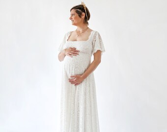 Maternity Ivory Bohemian dress, Square Neckline , butterfly sleeves dress  , Maternity dress for photo shoot #7003