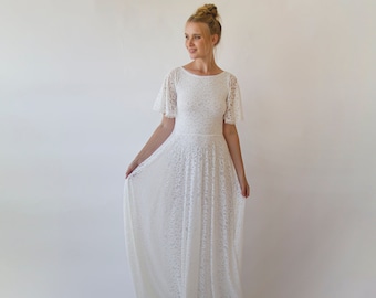 Bohemian Butterfly Sleeves , Modest Ivory wedding dress with pockets #1318