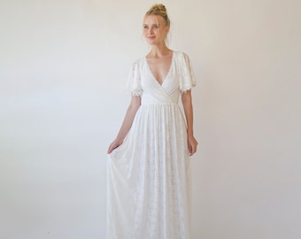 Ivory fairy lace bohemian wedding dress with pockets #1345