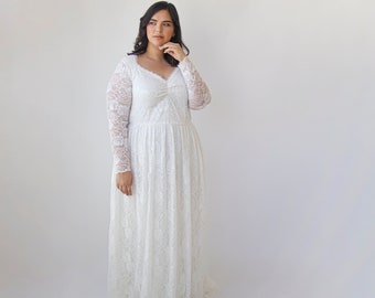 Ivory Lace Bohemian , Long Sleeves Wedding Dress #1324