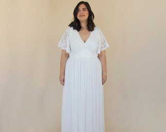 Ivory butterfly sleeves, lace bohemian wedding dress with mesh chiffon #1321
