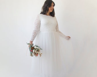 Ivory Boat neckline  Tulle & Lace Midi Dress #1323