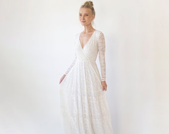 Bohemian lace wedding dress  wrap neckline with fringes #1363