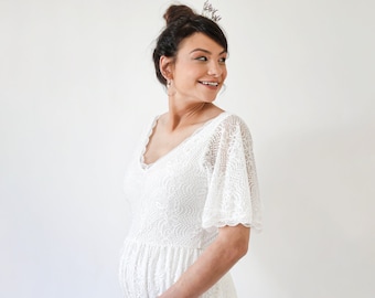 Maternity Butterfly sleeves bohemian lace Ivory wedding dress  , Maternity dress for photo shoot #7017