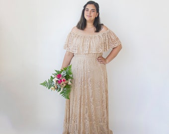 Champagne Lace Wedding Dress: Ruffled Off-Shoulder Boho Bridal Gown