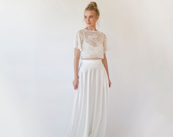 Wedding Dress Separates, Two Piece wedding outfit , Silky Wedding Maxi Skirt and Lace cropped Top #1353