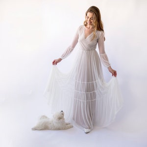 Vintage Pearly Wrap Mesh Chiffon Wedding Dress with Puffy Sleeves | Timeless Elegance and Charm | Bridal Gown #1462
