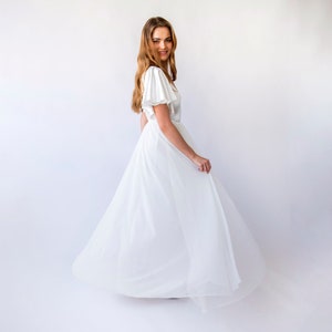 Satin Ivory Flutter Sleeves Romantic Wedding dress , Chiffon mesh Skirt Vintage Style  #1450