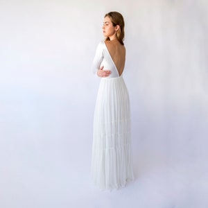 Ivory Open Back Wedding Dress: Long Sleeve Chiffon Skirt, Vintage Style