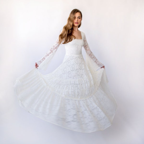 Bestseller New Collection Square Neckline Belle sleeves with Gipsy layered Boho Skirt, Maxi lace wedding dress #1425