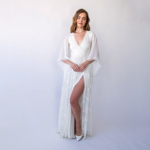 Lace Bohemian Wedding Dress: Chiffon Angel Sleeves, Slit Maxi Bridal Gown
