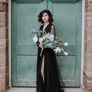 Black wrap tulle gown with long chiffon sleeves and slit, Black bridesmaids tulle gown 1174