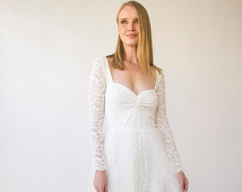 Long Sleeves ,Sweetheart neckline,, Ivory Wedding Dress , Sheer Illusion Tulle Skirt on Lace #1408