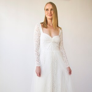 Long Sleeves ,Sweetheart neckline,, Ivory Wedding Dress , Sheer Illusion Tulle Skirt on Lace #1408