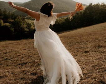 Curvy Fairy ivory wrap lace bohemian wedding dress, butterfly sleeves and puffy tulle #1293