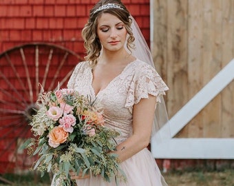 Fairy Blush pink wrap lace bohemian wedding dress, butterfly sleeves  #1293
